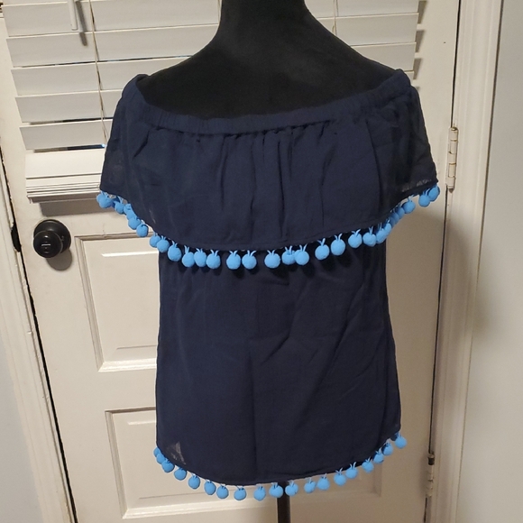 Sail to Sable Tops - Sail To Sable Navy Blue Off-Shoulder Top with Pom-Pom Trim NWT